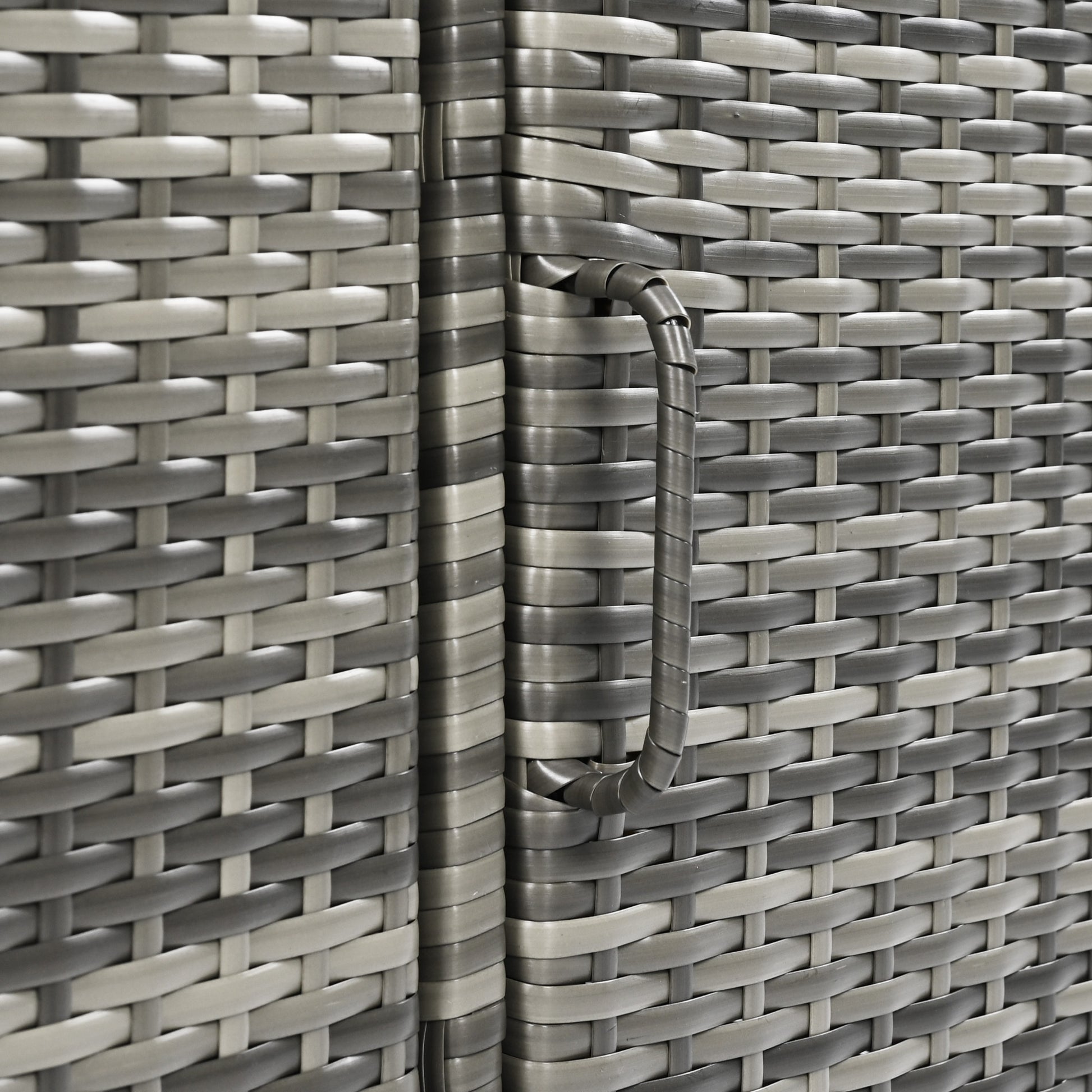 Ferrara gray storage cabinet showing integrated wicker door handle and woven texture detail