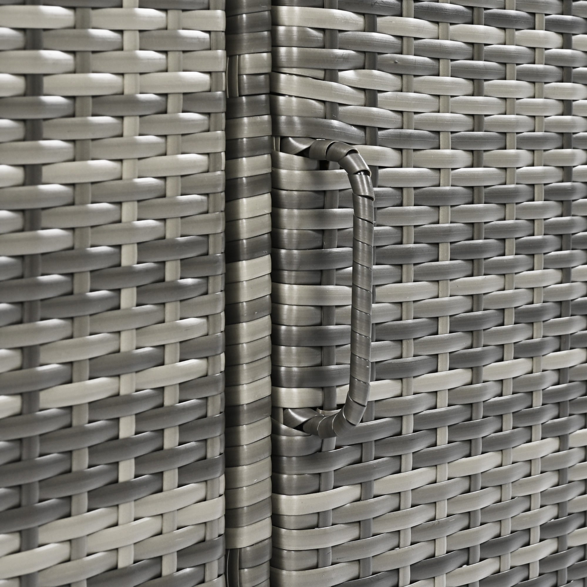 Ferrara gray storage cabinet showing integrated wicker door handle and woven texture detail