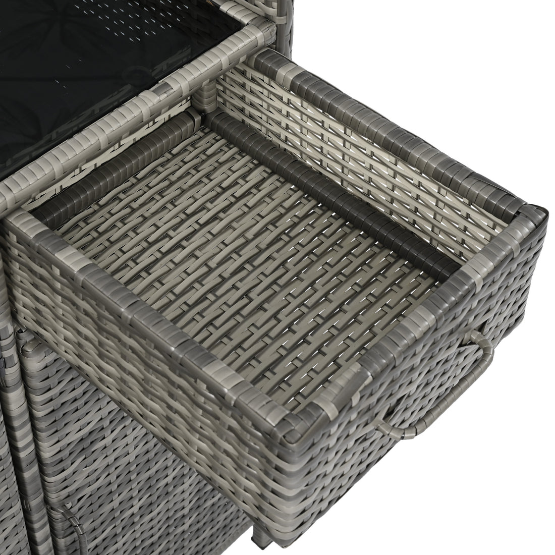 Ferrara gray storage cabinet showing removable wicker drawer with integrated handle detail