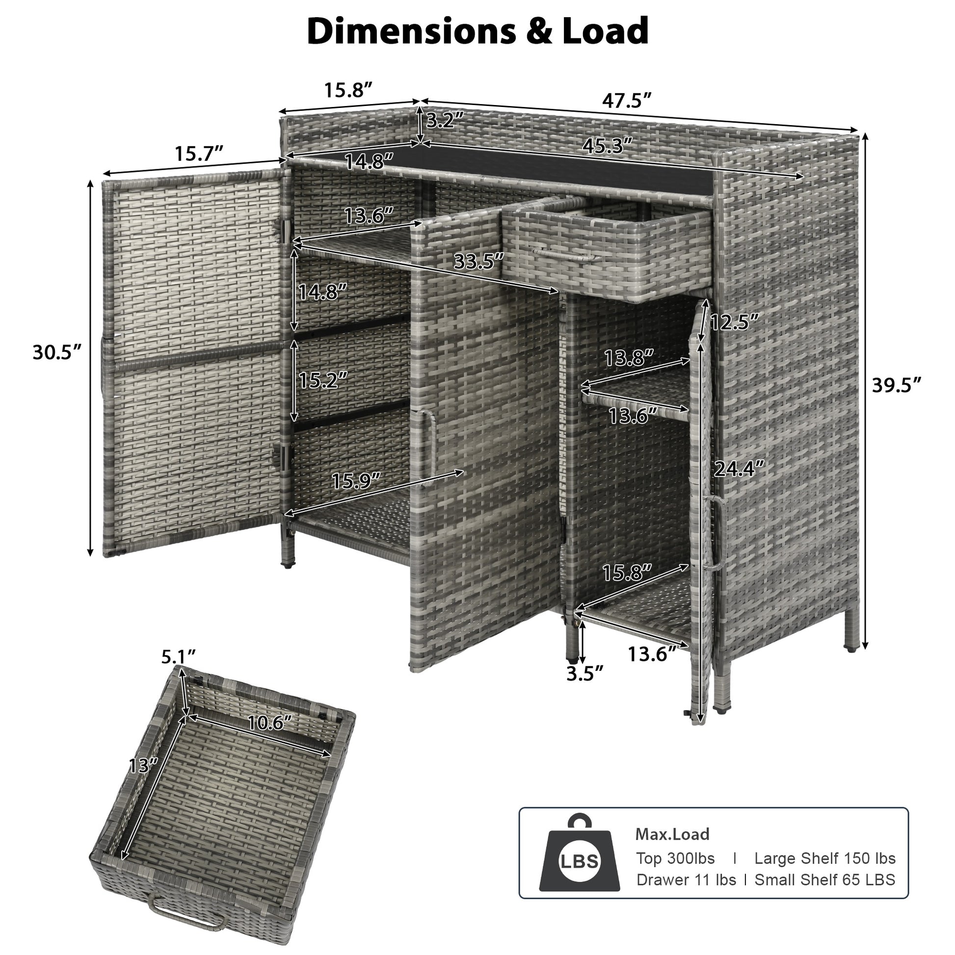 Ferrara gray storage cabinet showing product dimensions shelf sizes and load capacity