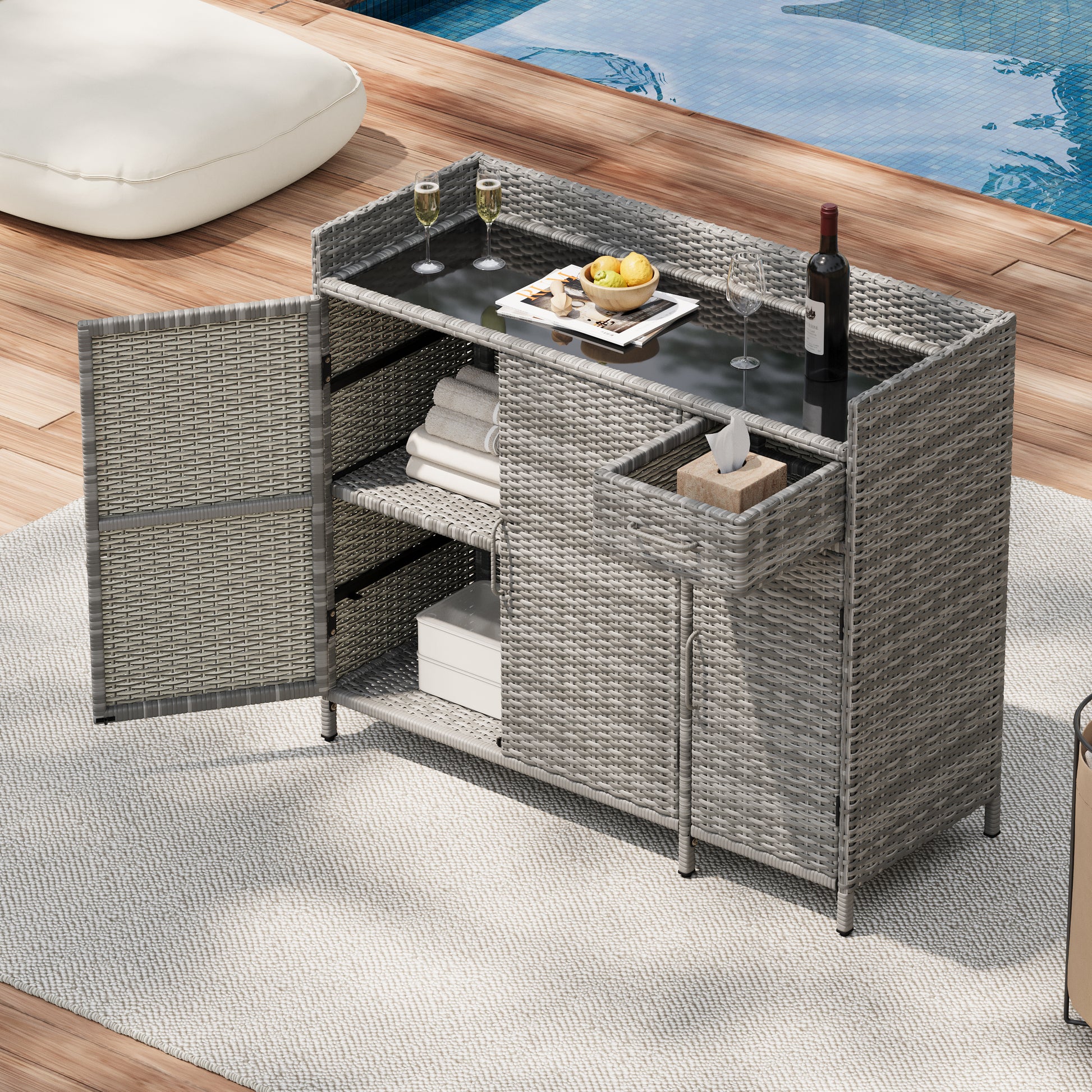 Ferrara gray storage cabinet showing poolside outdoor serving and storage setup
