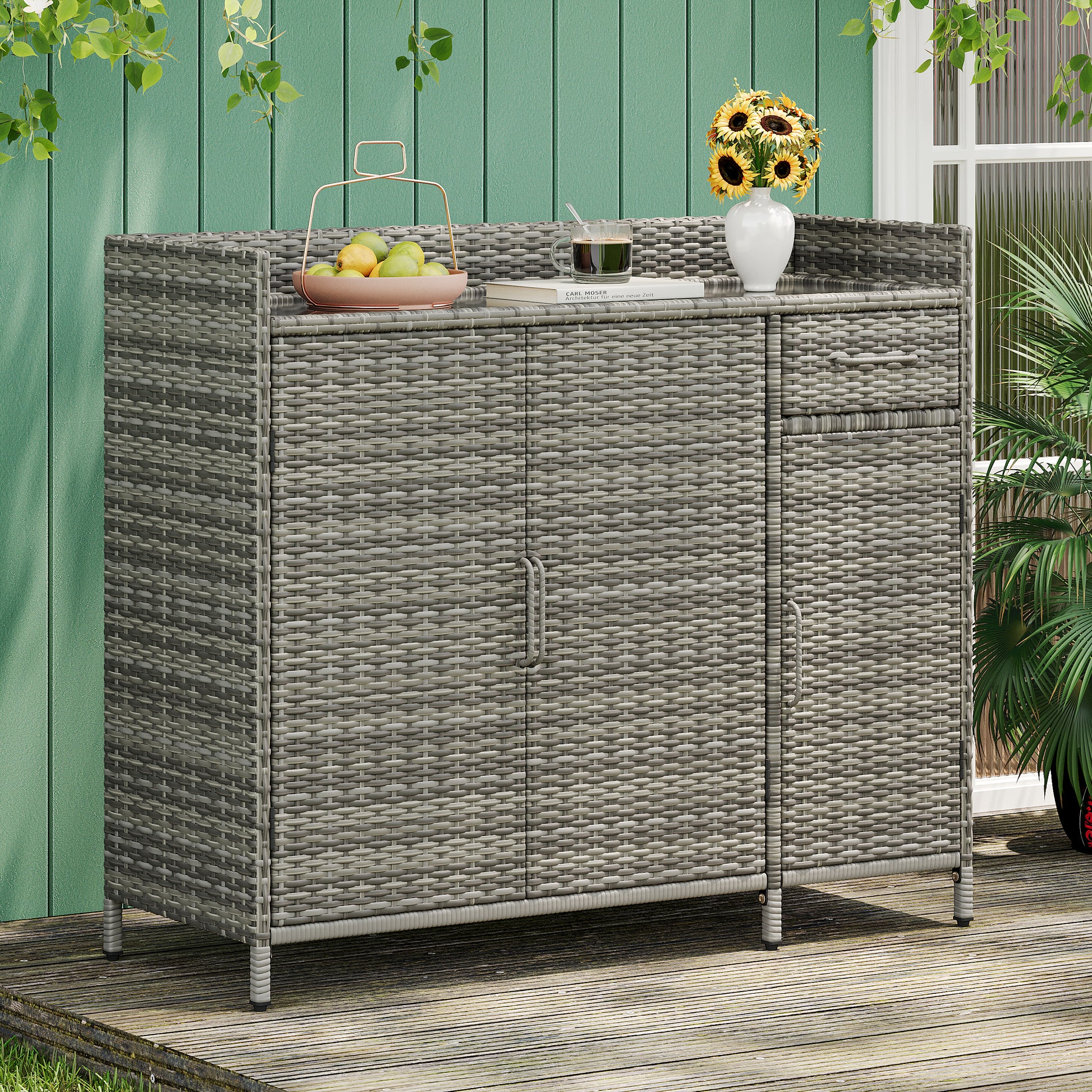 Ferrara gray storage cabinet showing outdoor patio cabinet with glass top