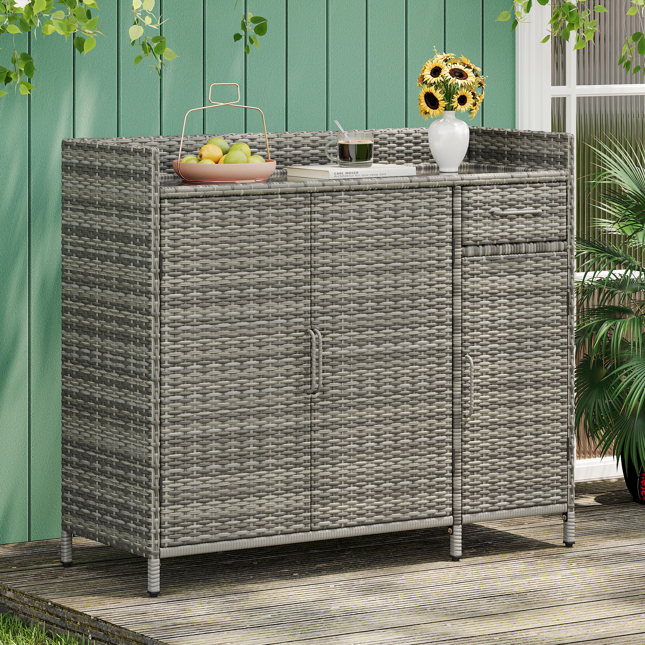 Ferrara gray storage cabinet showing outdoor patio cabinet with glass top