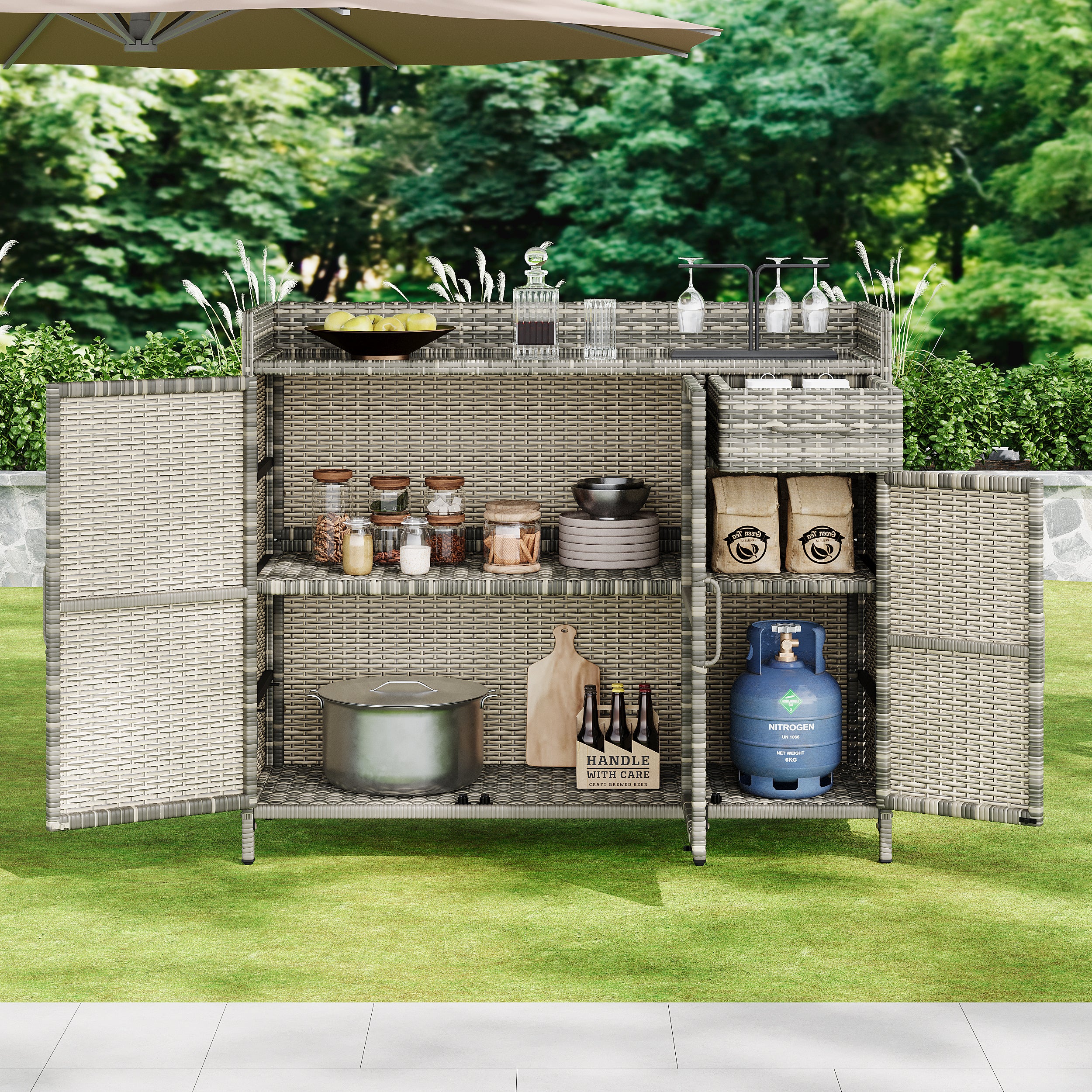 Ferrara gray storage cabinet showing outdoor storage and entertaining setup