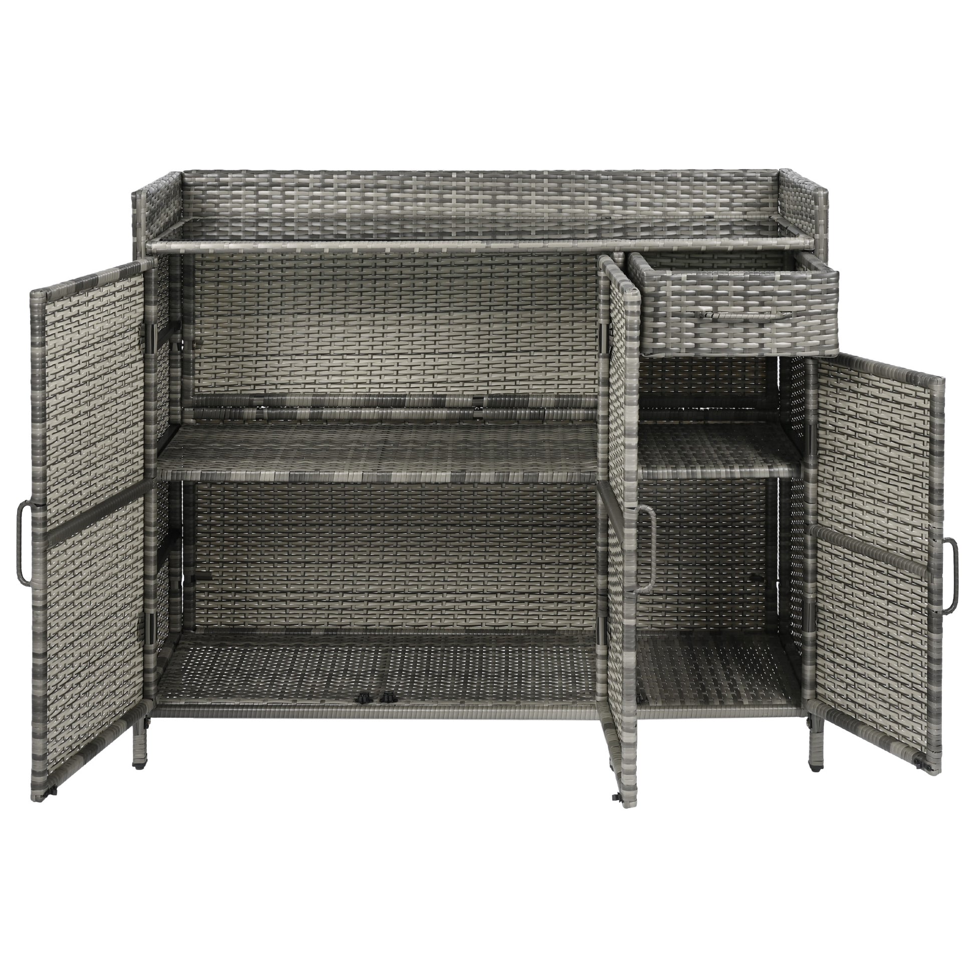 Ferrara gray storage cabinet showing open cabinet storage compartments