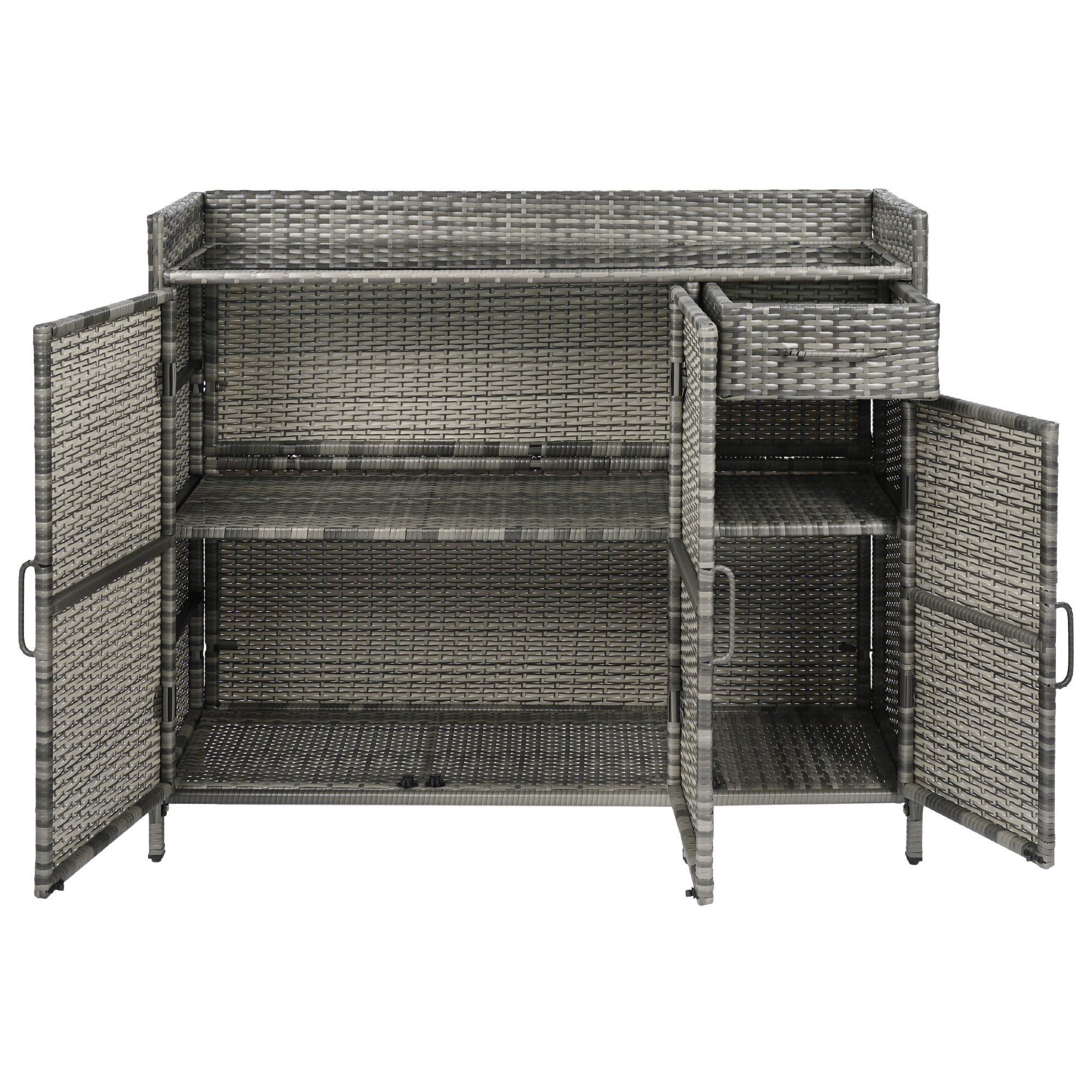 Ferrara gray storage cabinet showing open cabinet storage compartments