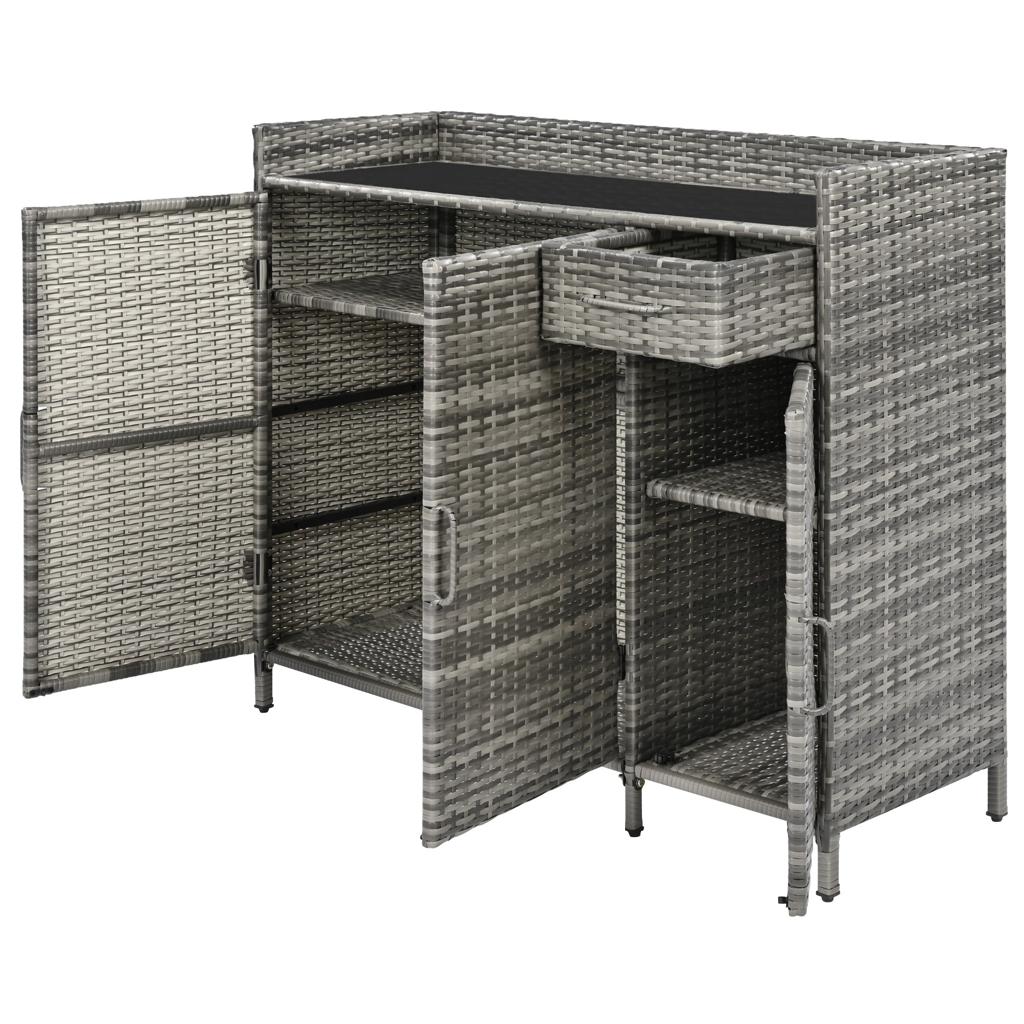 Ferrara gray storage cabinet showing open doors and drawer storage view