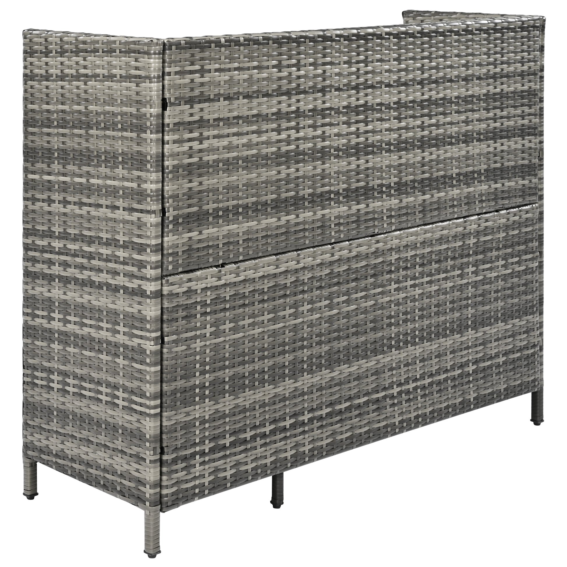 Ferrara gray storage cabinet showing rear wicker panel view
