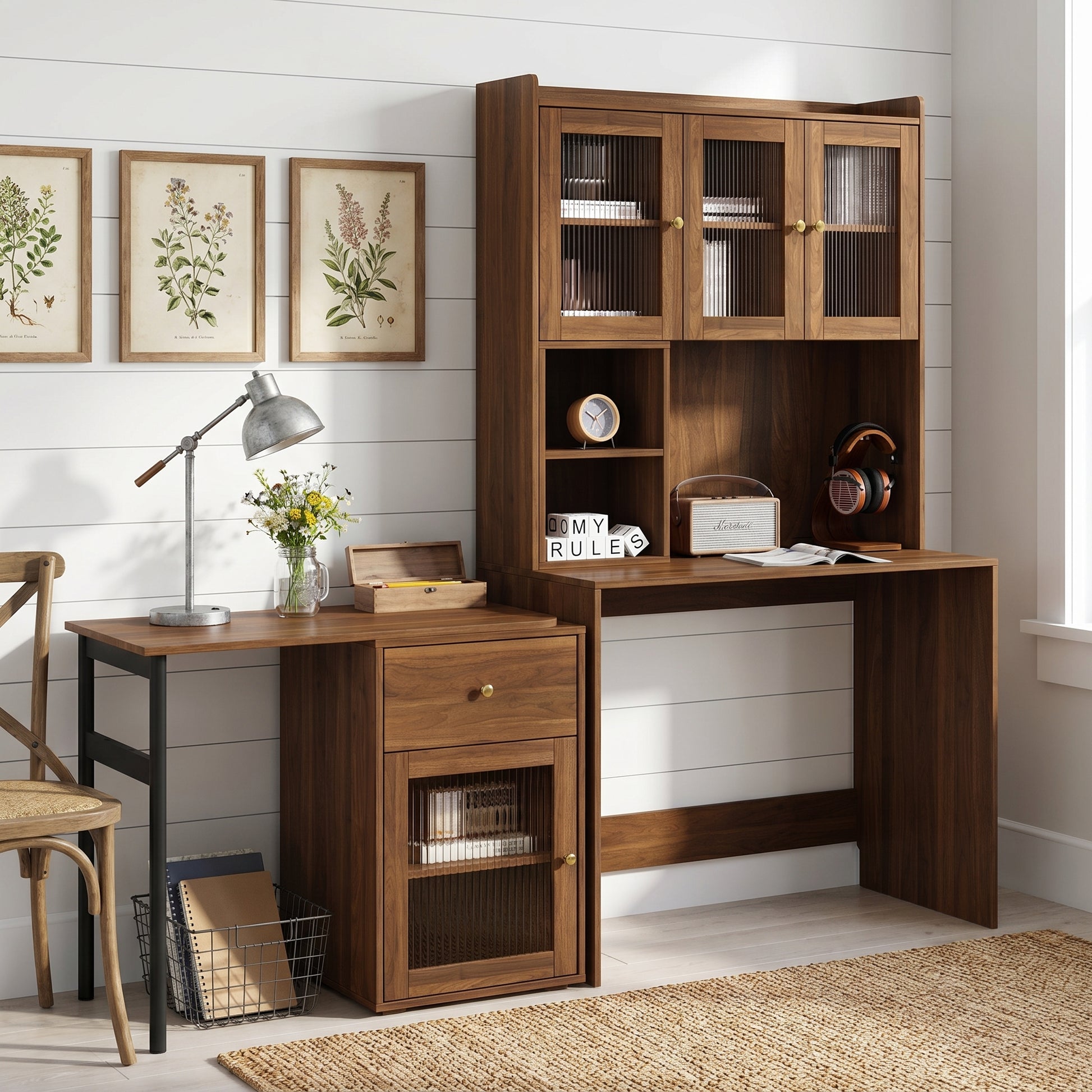 Fjord brown corner desk showing workspace with hutch and storage