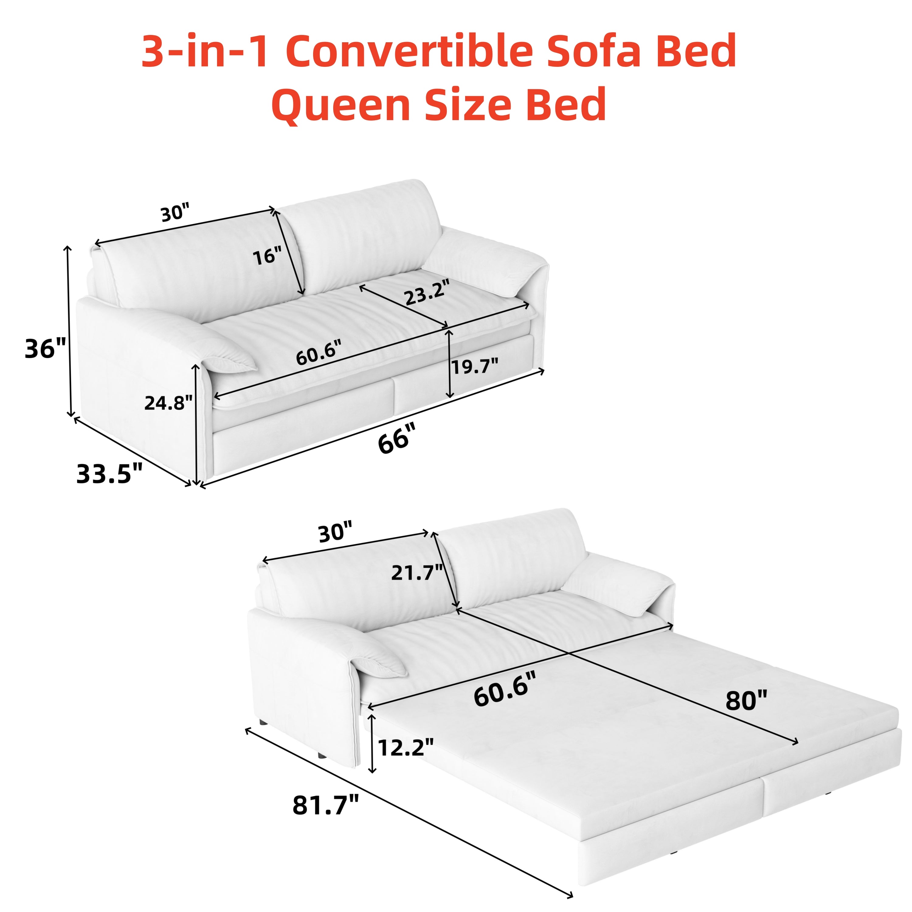 Freja beige convertible sofa bed showing product dimensions