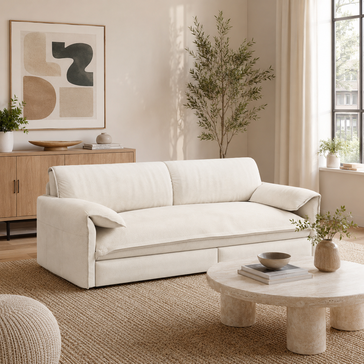 Freja beige convertible sofa bed shown in sofa mode in a cozy living room