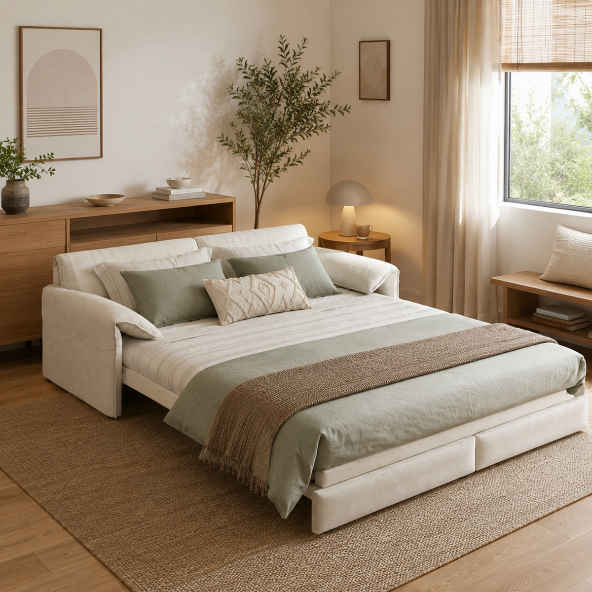 Freja beige convertible sofa bed shown in sleeper mode in a bedroom setting