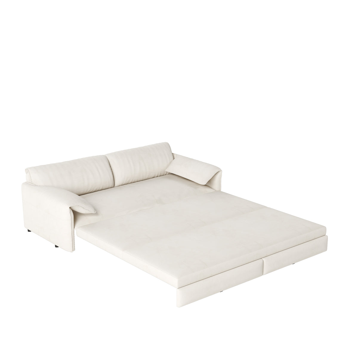 Freja beige convertible sofa bed shown in pull-out sleeper mode on white background