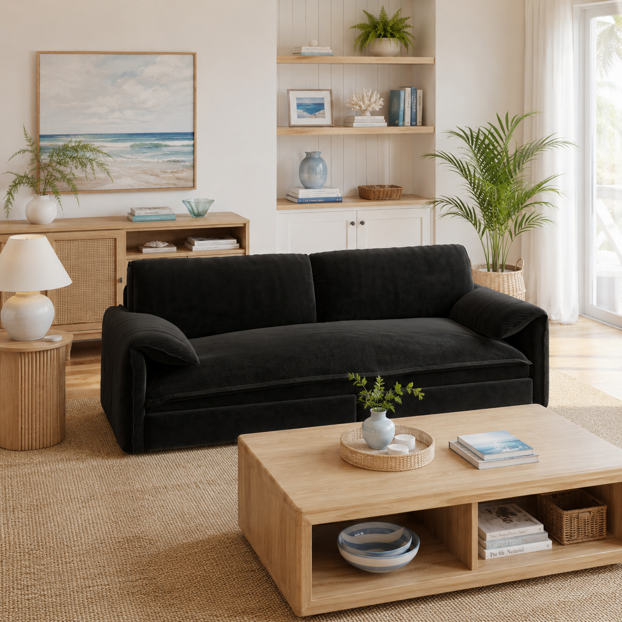 Freja black convertible sofa bed styled with a coffee table in a living room