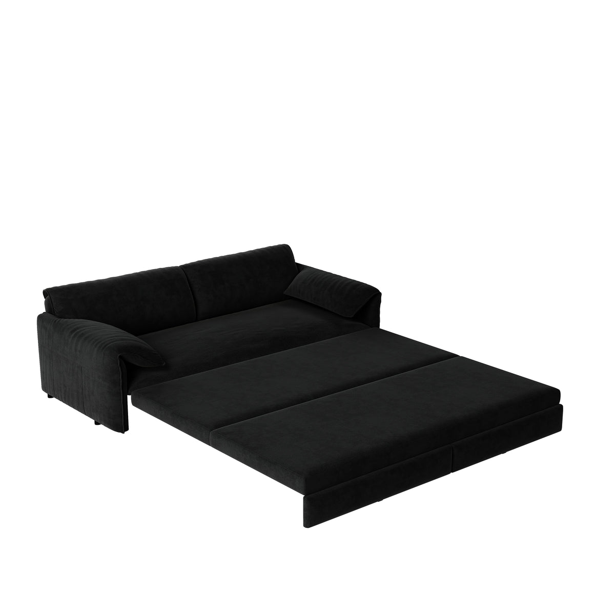 Freja black sofa bed shown in pull-out sleeper mode on white background