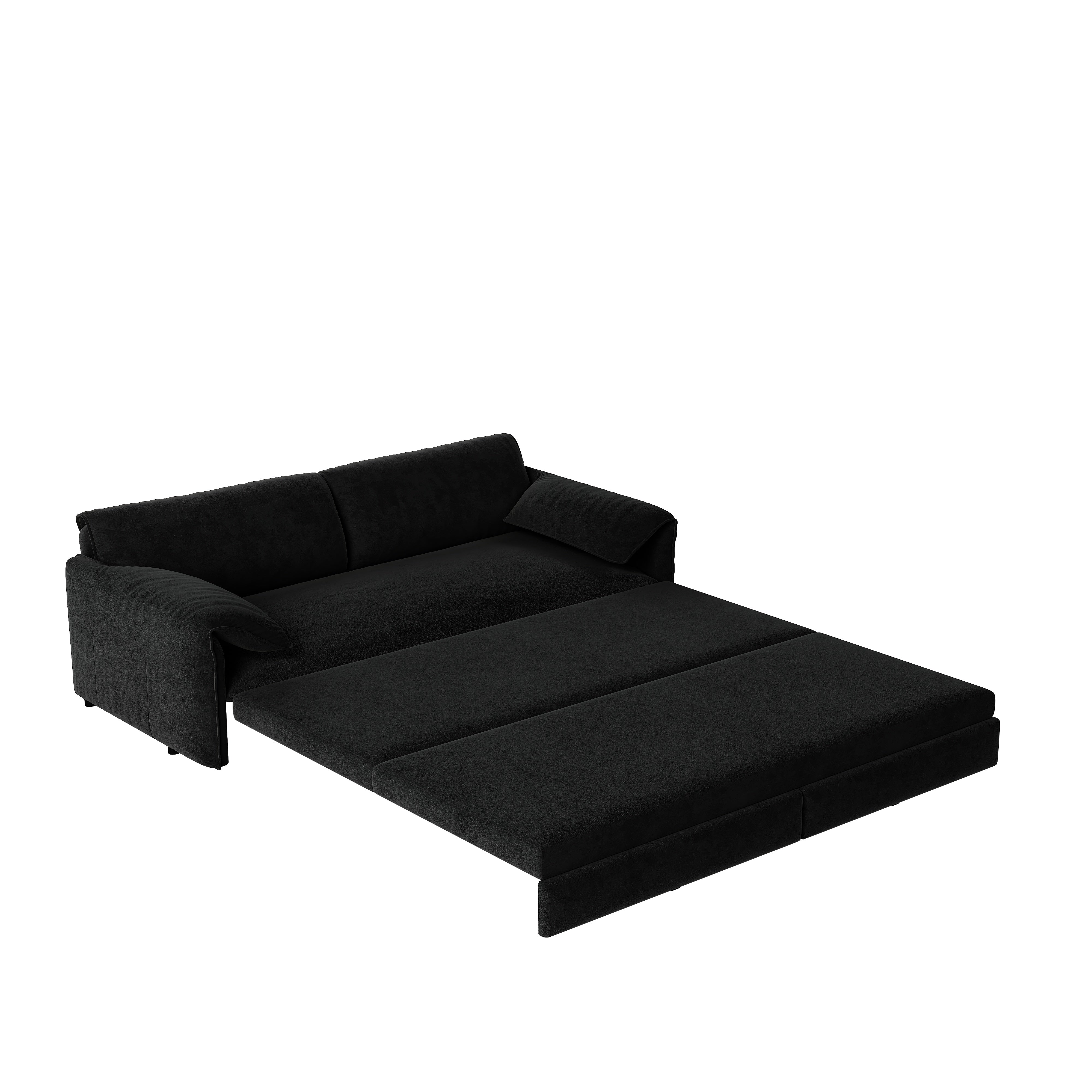 Freja black sofa bed shown in pull-out sleeper mode on white background