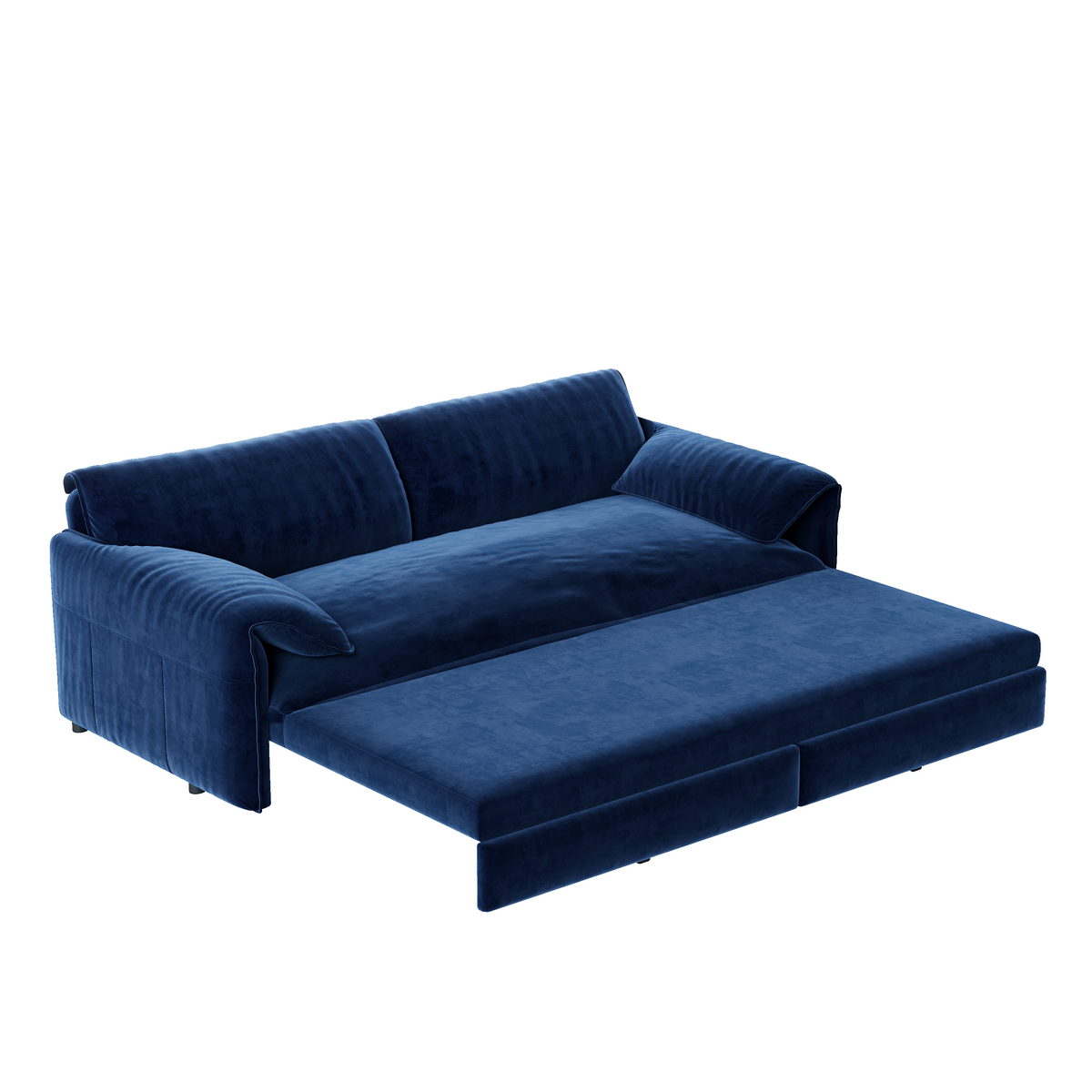 Freja blue convertible sofa bed shown in pull-out sleeper mode on white background