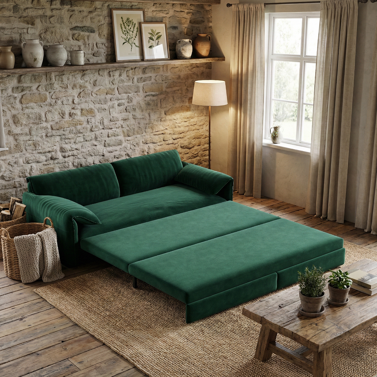 Freja green convertible sofa bed shown in a rustic living room