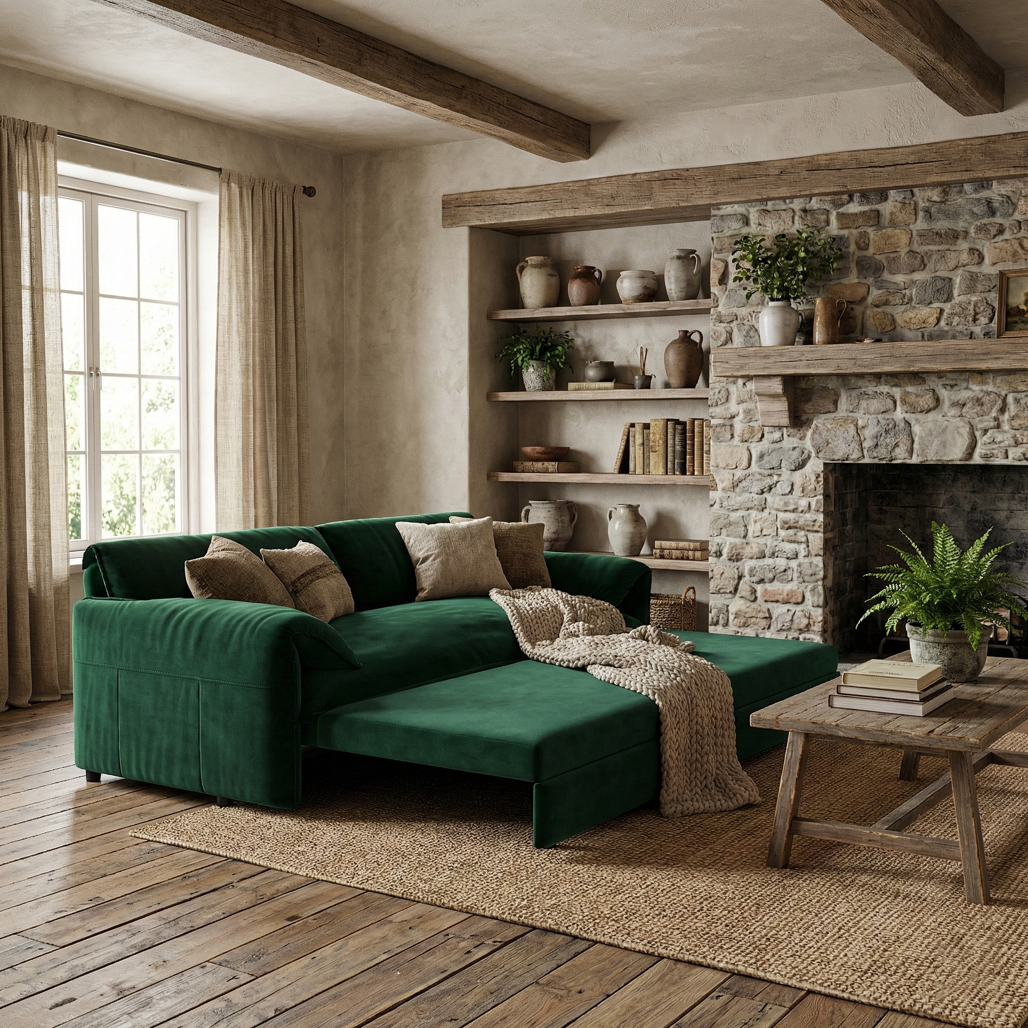 Freja green convertible sofa bed styled in a cozy room setting