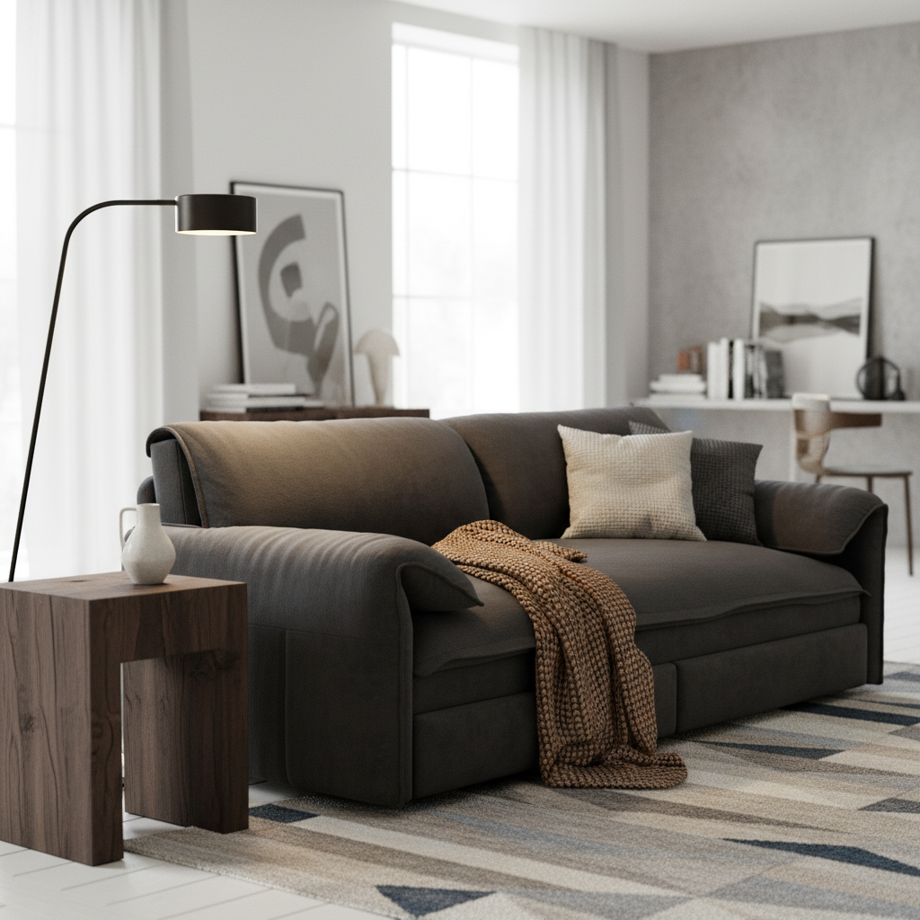 Freja grey velvet convertible sofa bed shown in a modern interior