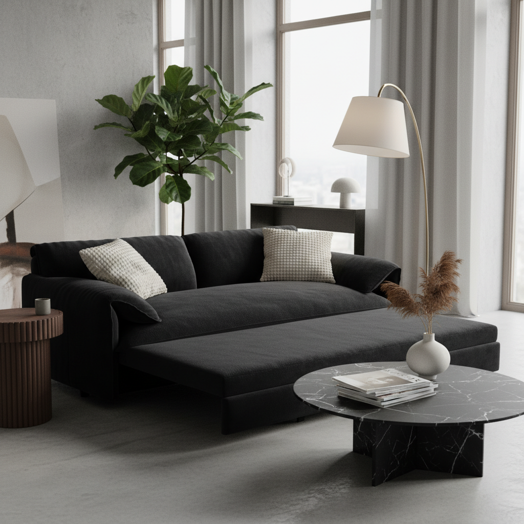 Freja grey convertible sofa bed styled in a minimalist living room