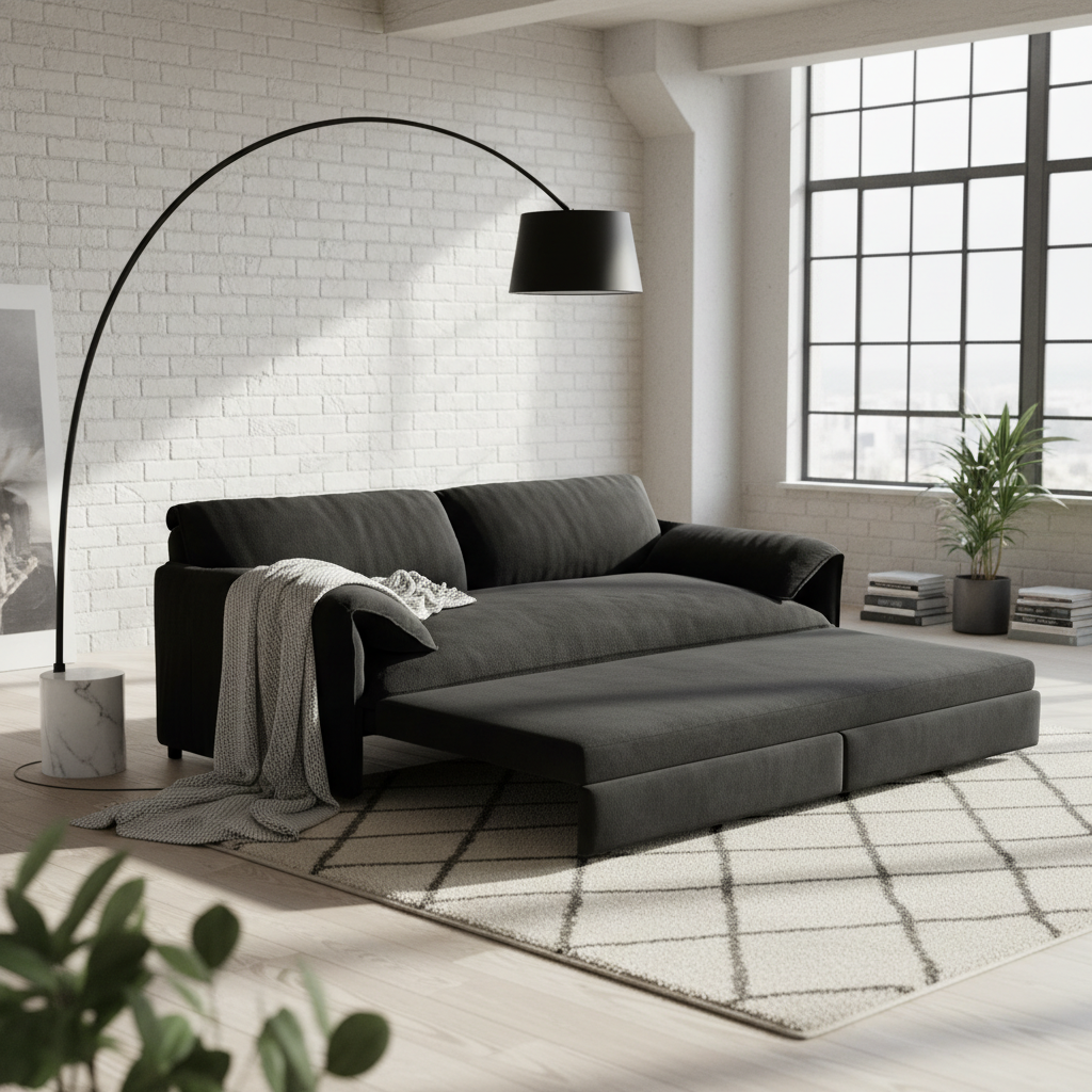 Freja grey convertible sofa bed shown beside an arch floor lamp
