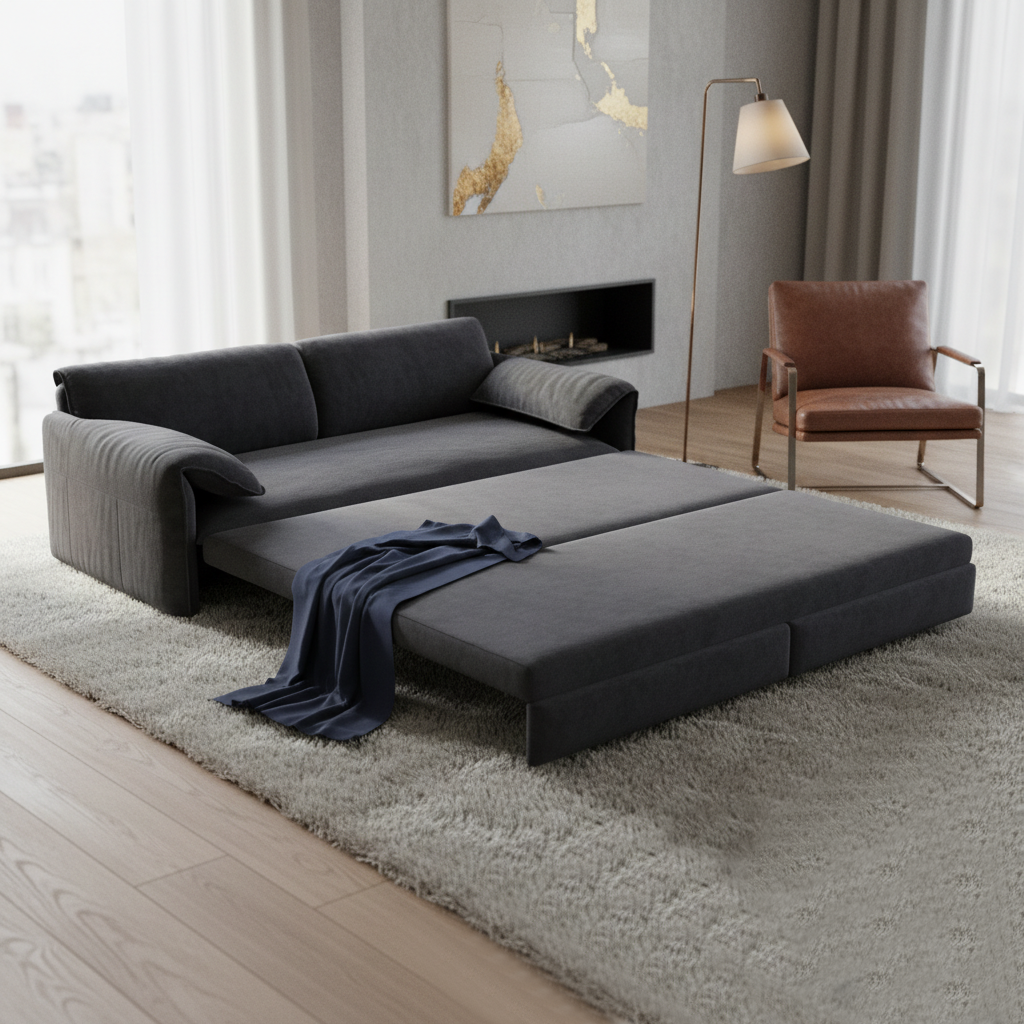 Freja grey pull-out sofa bed opened into a bed in a bedroom setting