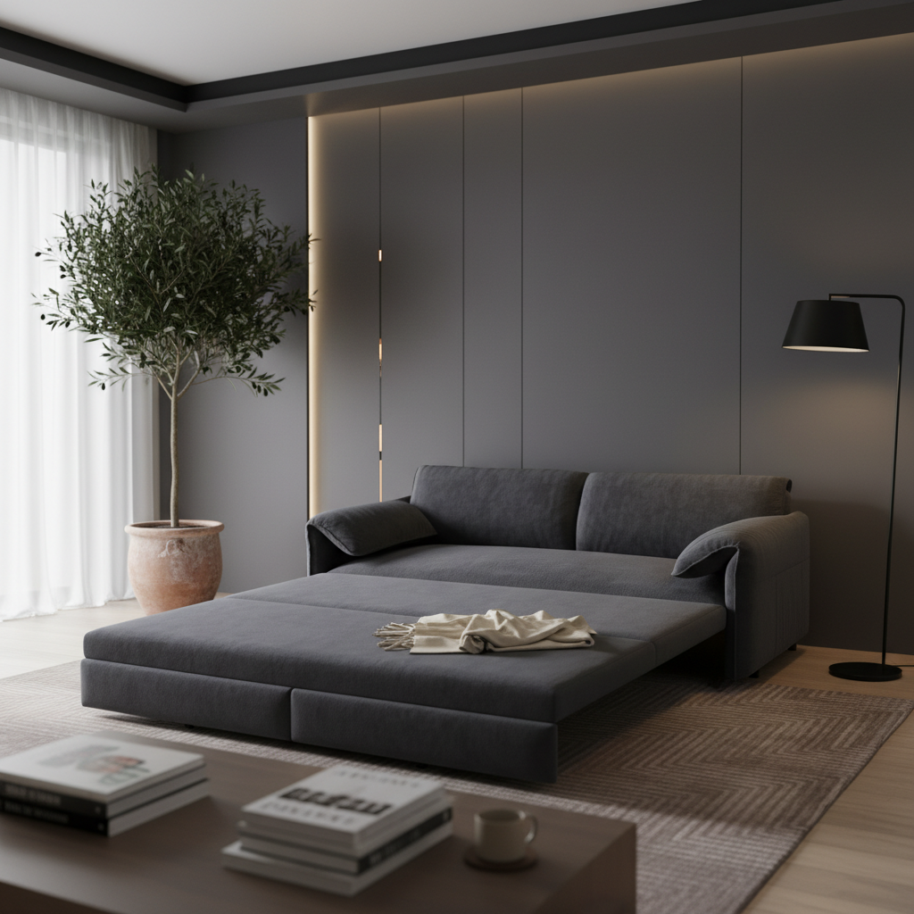 Freja grey convertible sofa bed shown extended in a dark bedroom