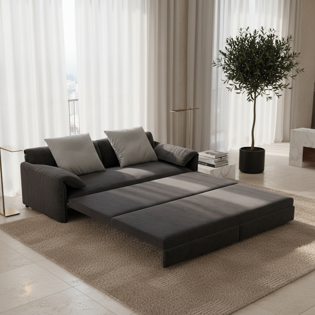 Freja grey sofa bed shown in sleeper mode in a contemporary room