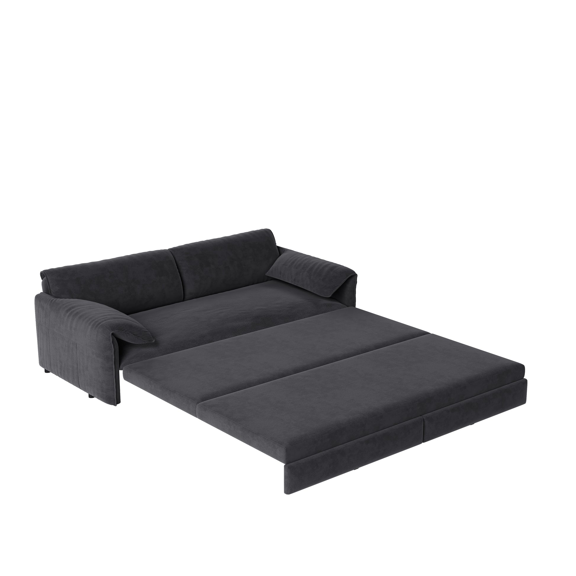 Freja grey convertible sofa bed shown in pull-out sleeper mode on white background