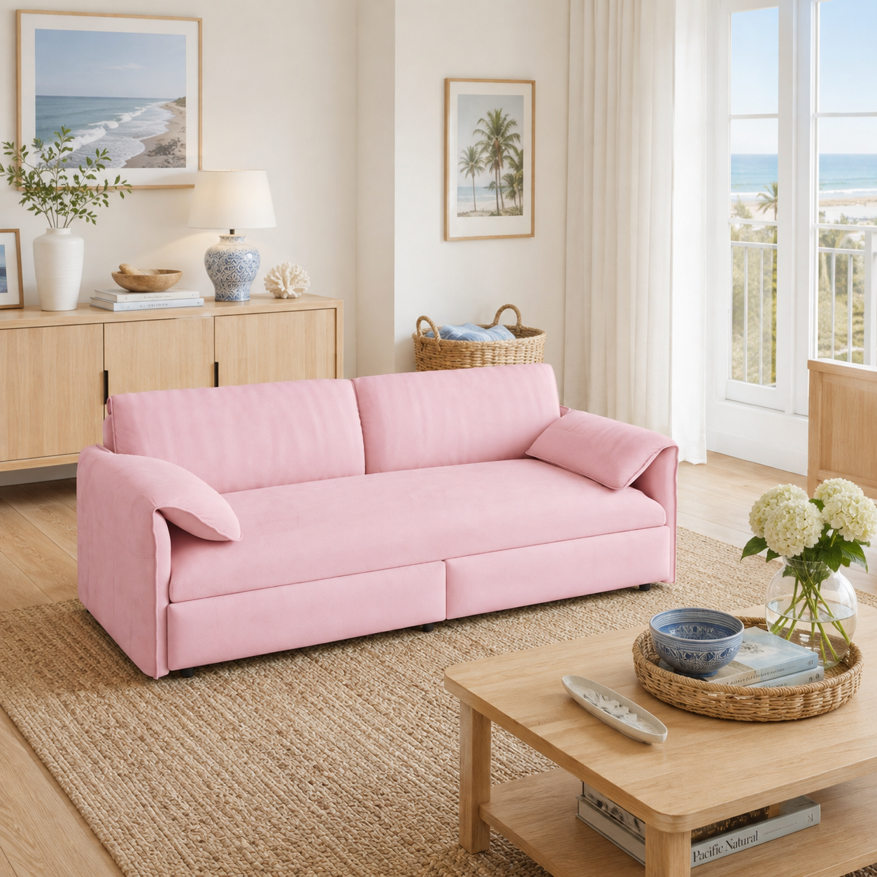 Freja pink velvet convertible sofa bed styled in a bright living room