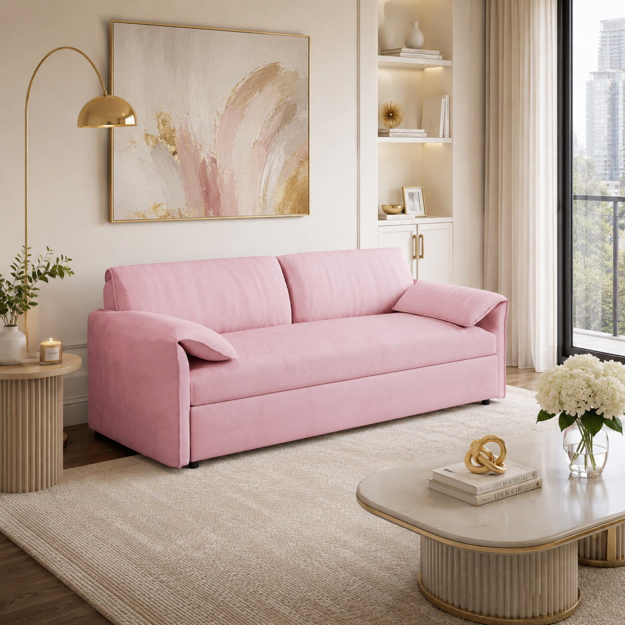 Freja pink convertible sofa bed shown in sofa mode in a living room