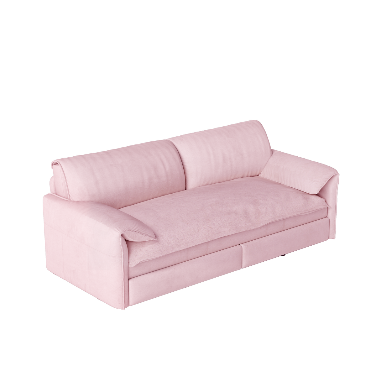 Freja pink convertible sofa bed angled view on white background