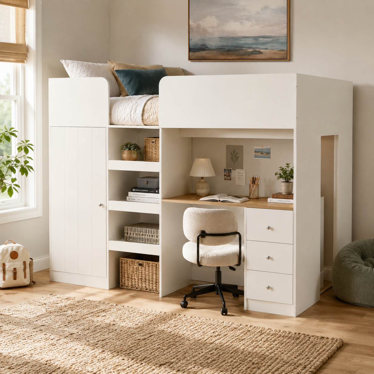 Fynna beige loft bed showing a built-in desk wardrobe and storage shelves in a bright bedroom