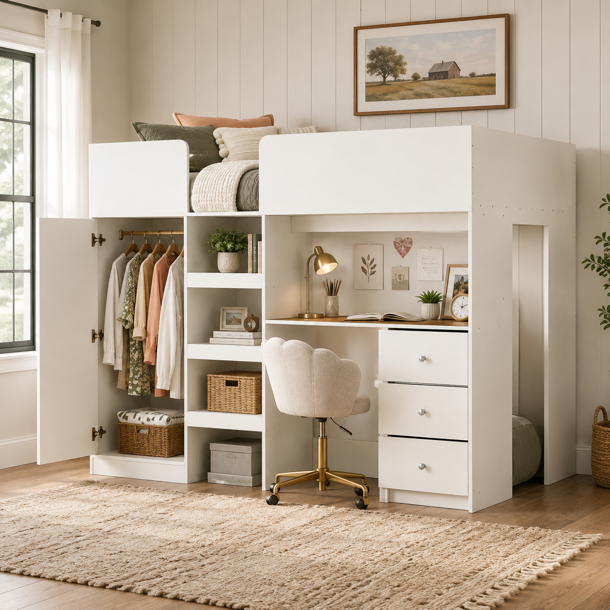 Fynna beige loft bed showing an integrated bedroom workspace with desk drawers and open shelving