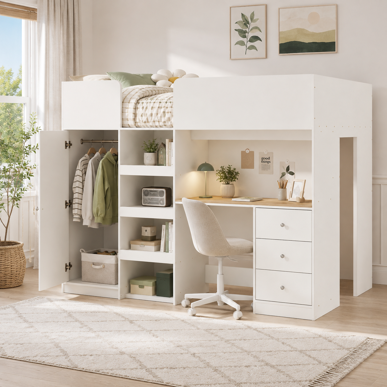 Fynna beige loft bed showing a compact study area with built-in desk wardrobe and storage