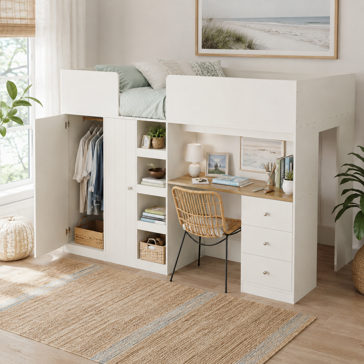 Fynna beige loft bed showing an organized bedroom setup with desk drawers and open storage shelves