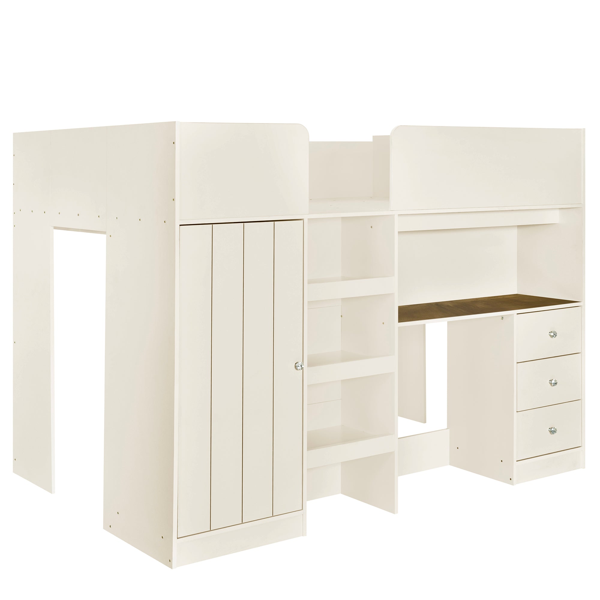 Fynna beige loft bed showing an angled side view with wardrobe desk and drawers on white background