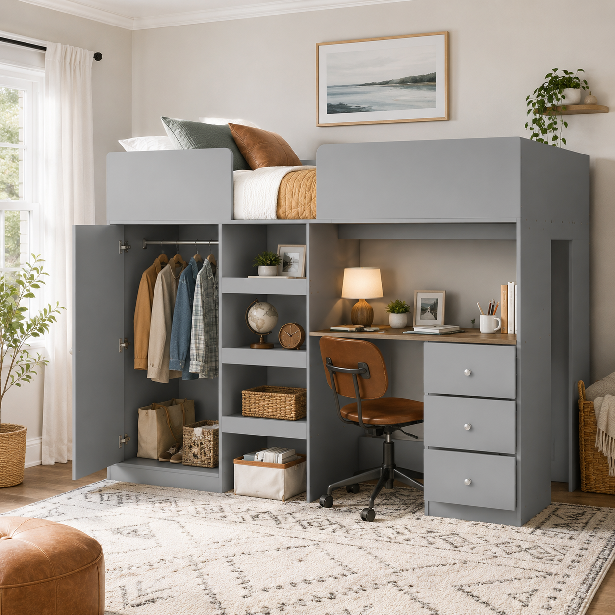 Fynna gray loft bed showing a built-in wardrobe desk and storage shelves in a bright bedroom