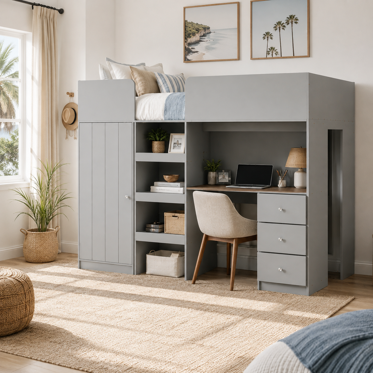 Fynna gray loft bed showing an integrated desk and storage setup in a bright bedroom workspace