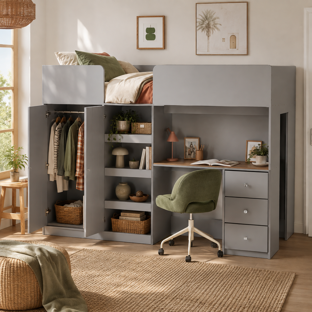 Fynna gray loft bed showing open shelving and a built-in desk beside a large window
