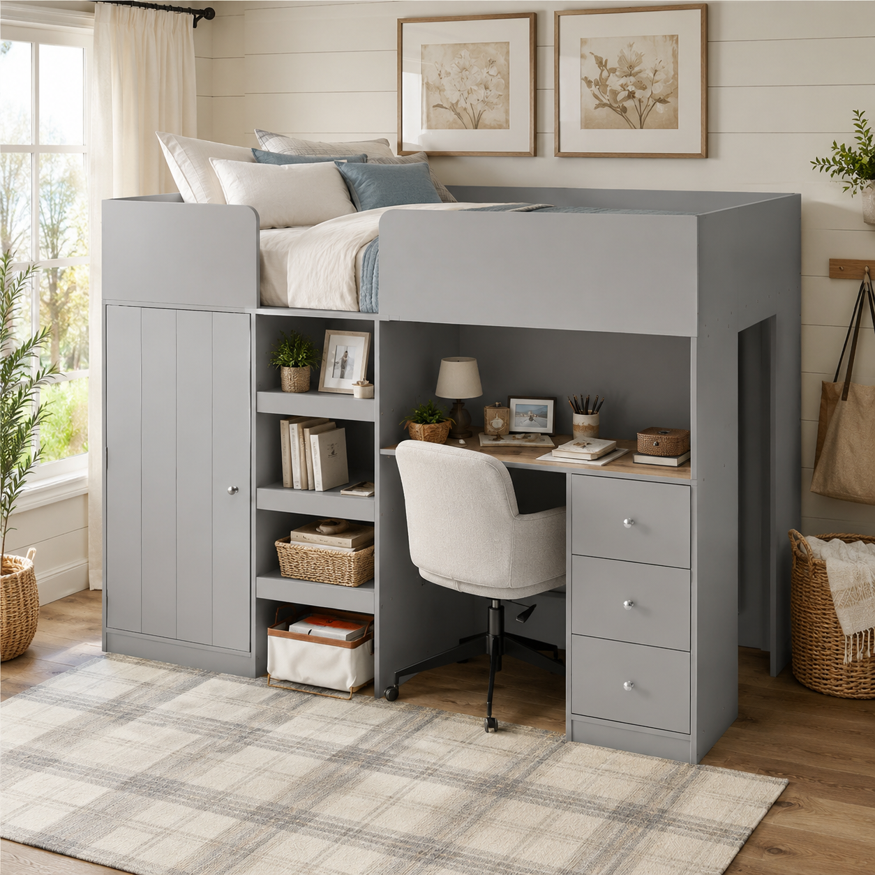 Fynna gray loft bed showing a compact bedroom setup with desk drawers and open storage shelves