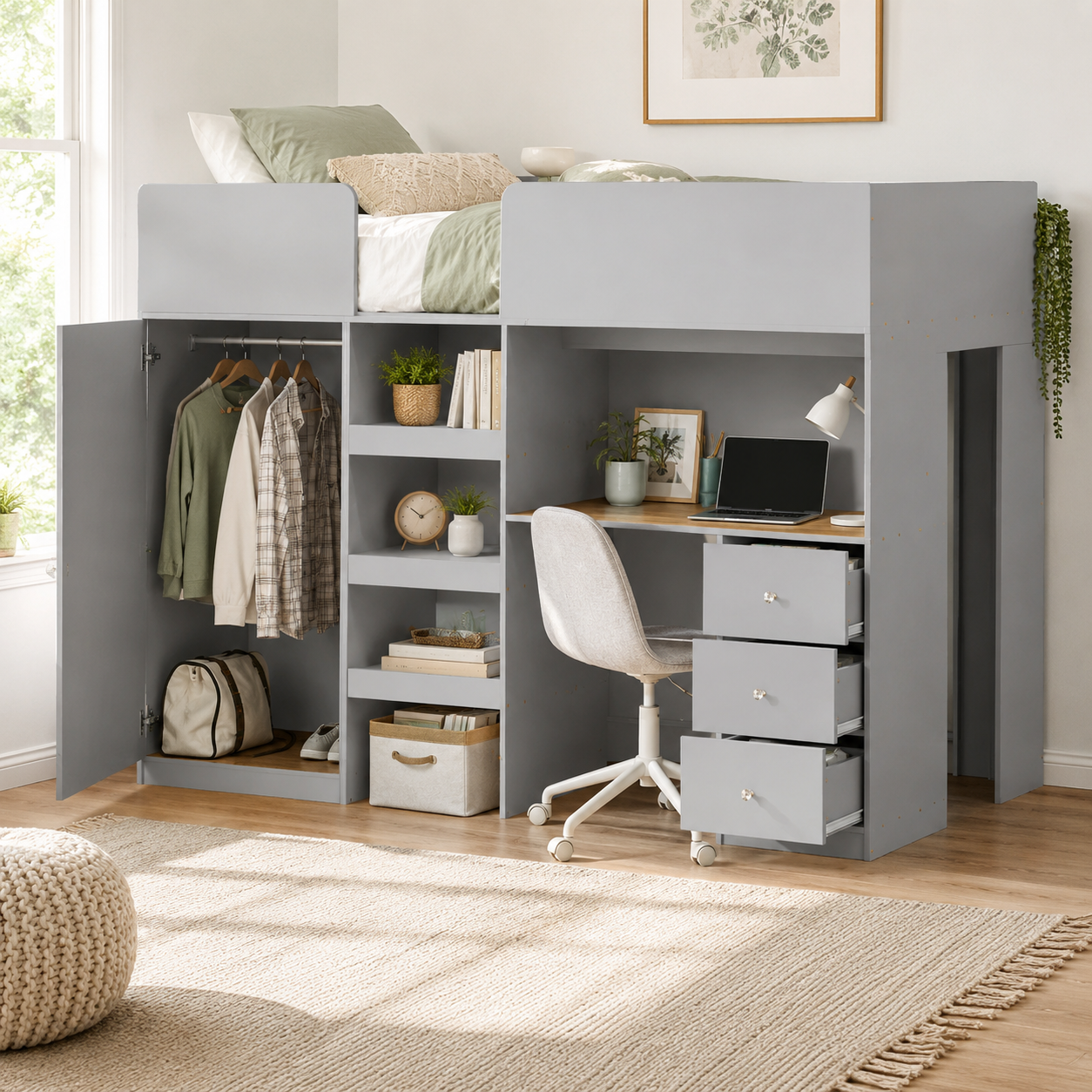 Fynna gray loft bed showing an organized underbed workspace with wardrobe desk and storage