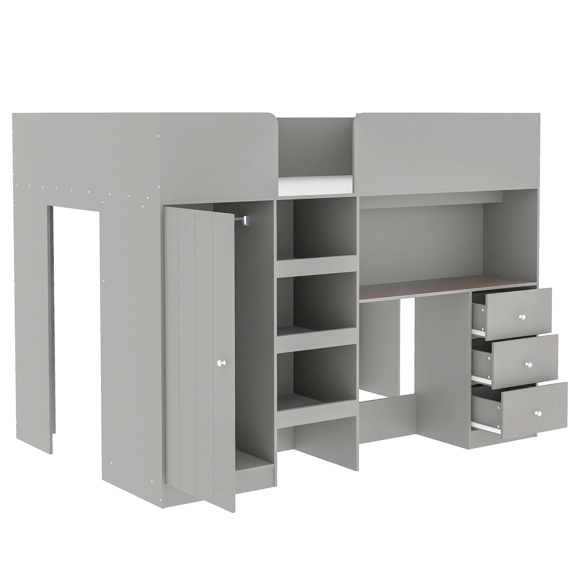 Fynna gray loft bed showing an open storage configuration with wardrobe and drawers on white background