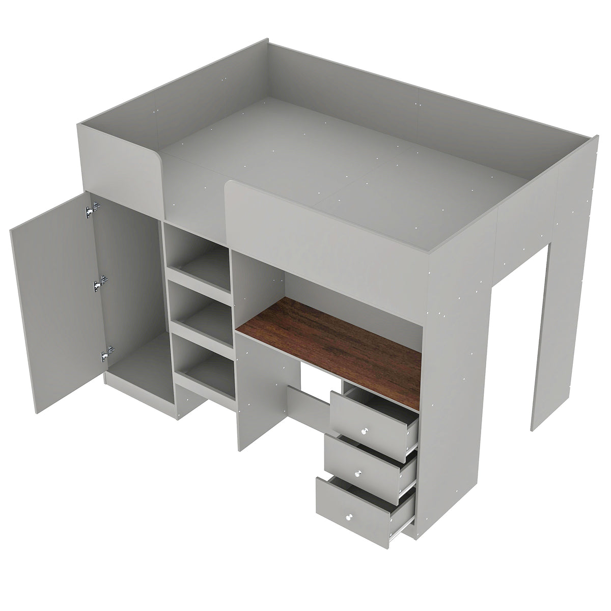 Fynna gray loft bed showing an angled side view with desk shelving and wardrobe on white background