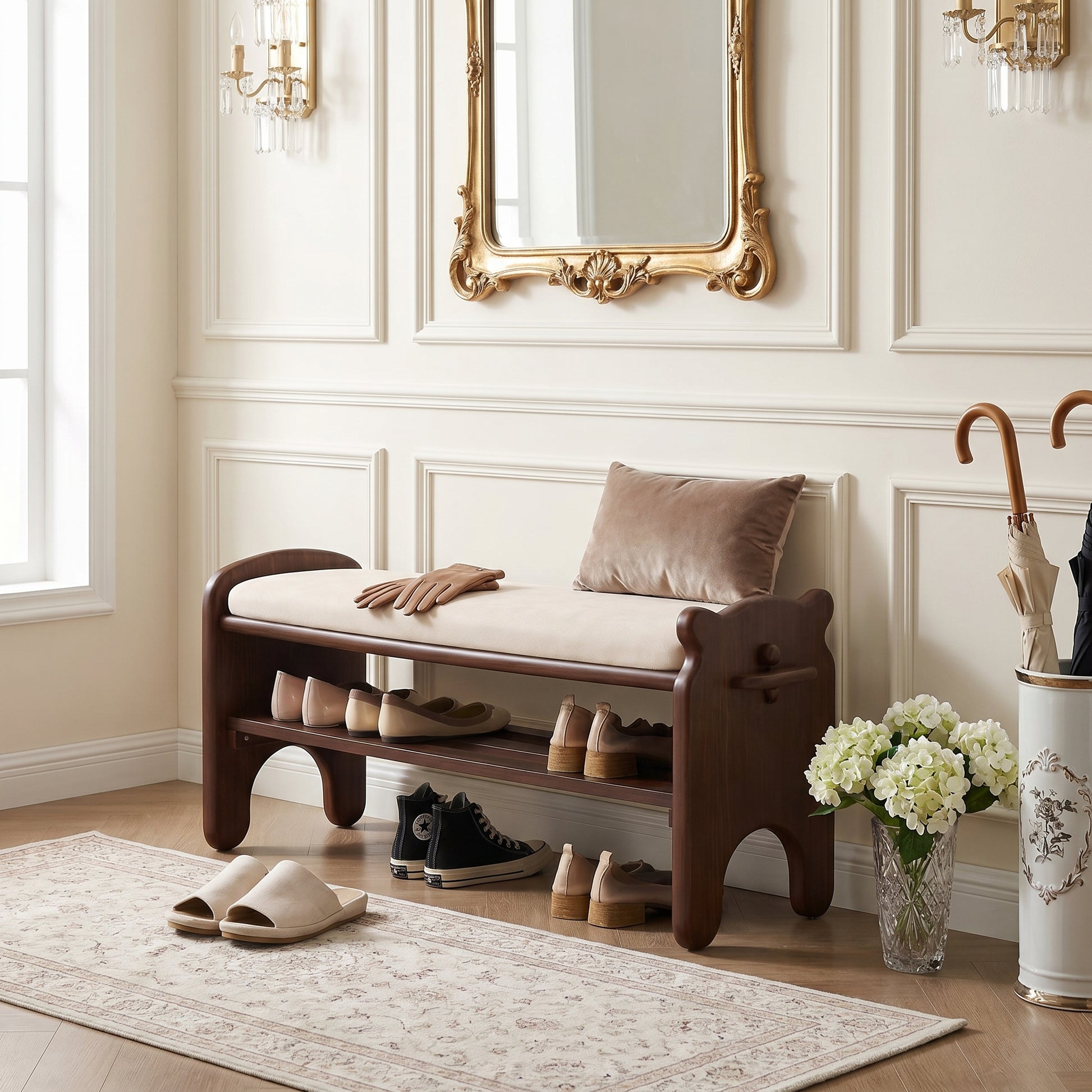 Gateway walnut storage bench showing angled front view in an entryway