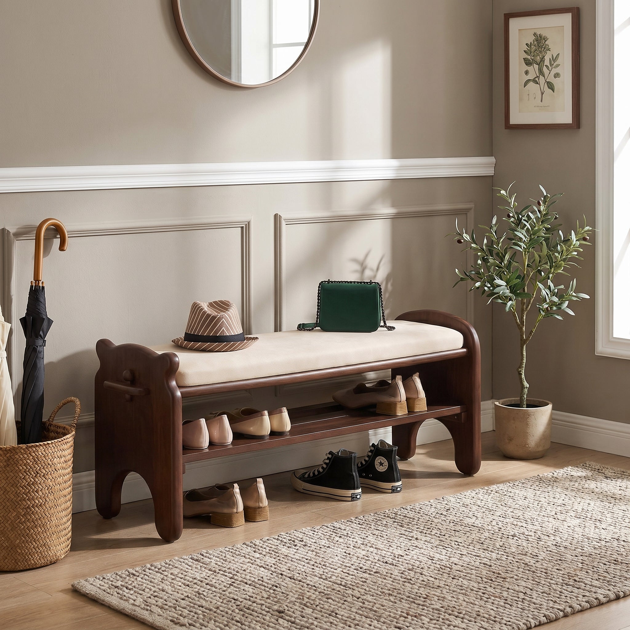 Gateway walnut storage bench showing front view in an entryway