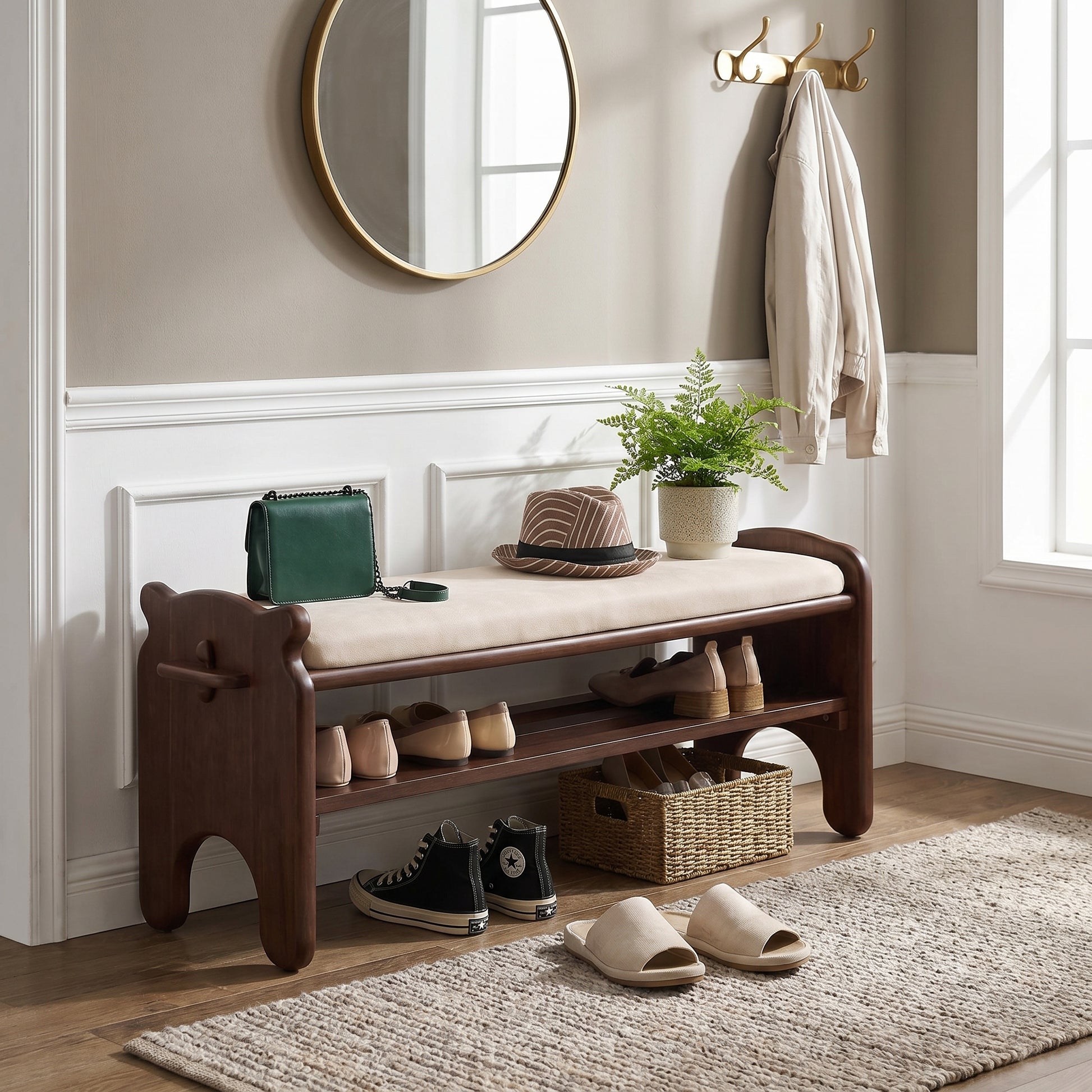 Gateway walnut storage bench showing upholstered seat with open shelf storage