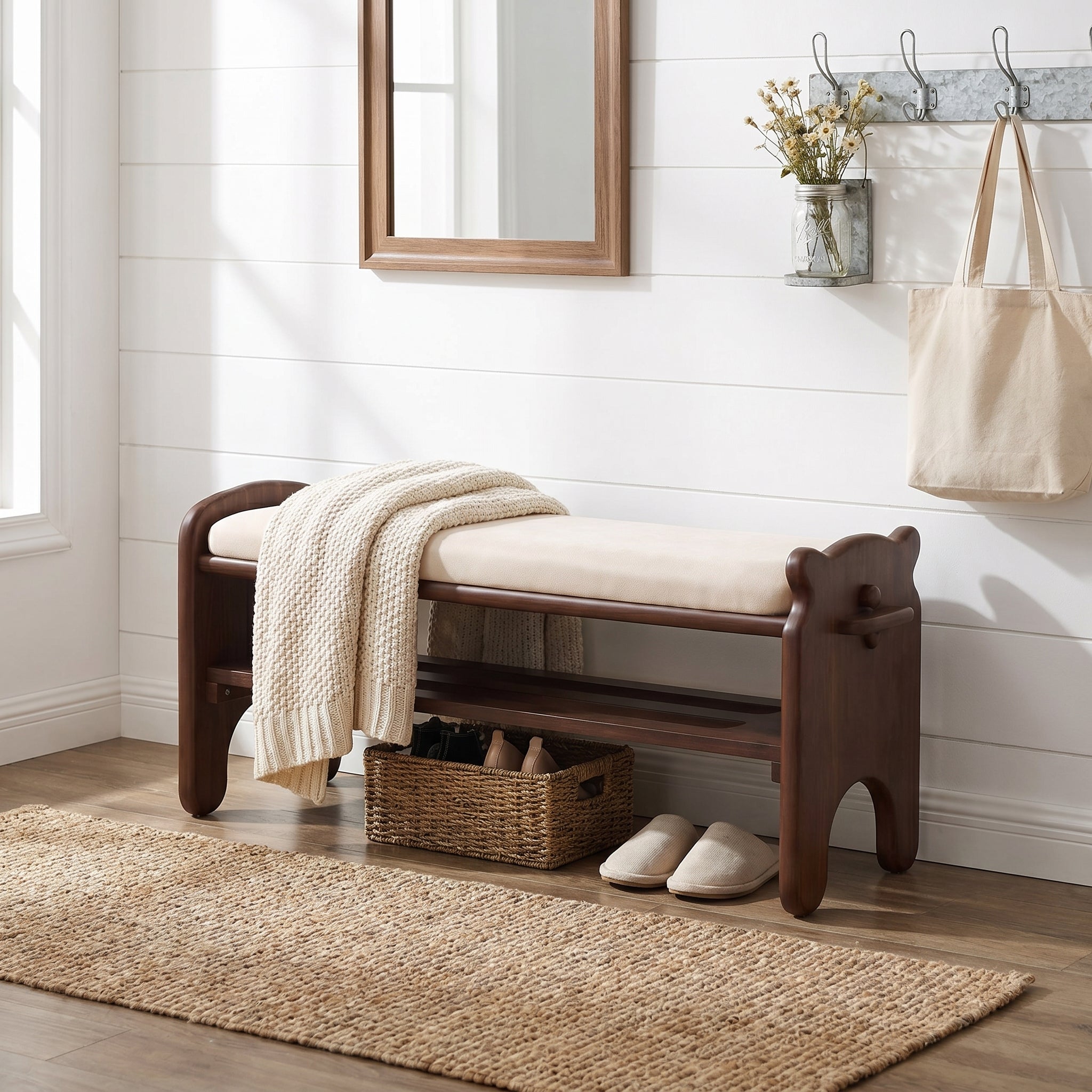 Gateway walnut storage bench showing bedside placement with open shelf