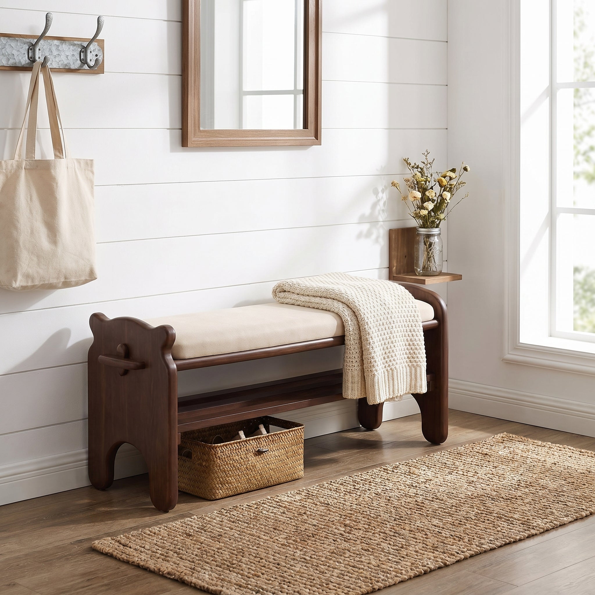 Gateway walnut storage bench showing bedside placement with open shelf